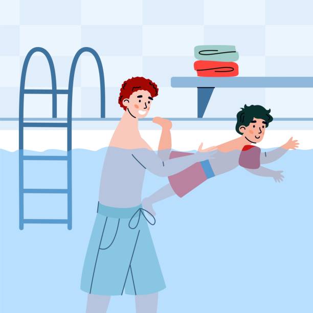 Therapist assisting child in pool